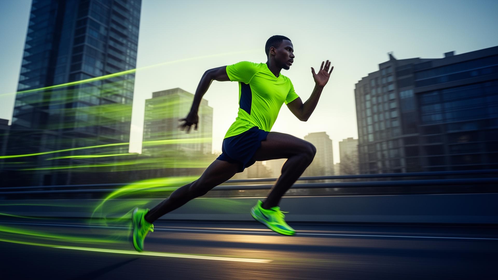 Runner sprinting through a city at dawn